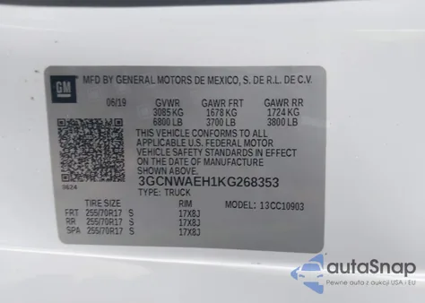 2019 Chevrolet Silverado 1500 Work Truck z USA, uszkodzony, nr VIN 3GCNWAEH1KG268353